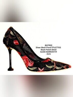 BIGTREE Black Mesh & Embroifered Floral Stilettos   EUR 39 | US 8